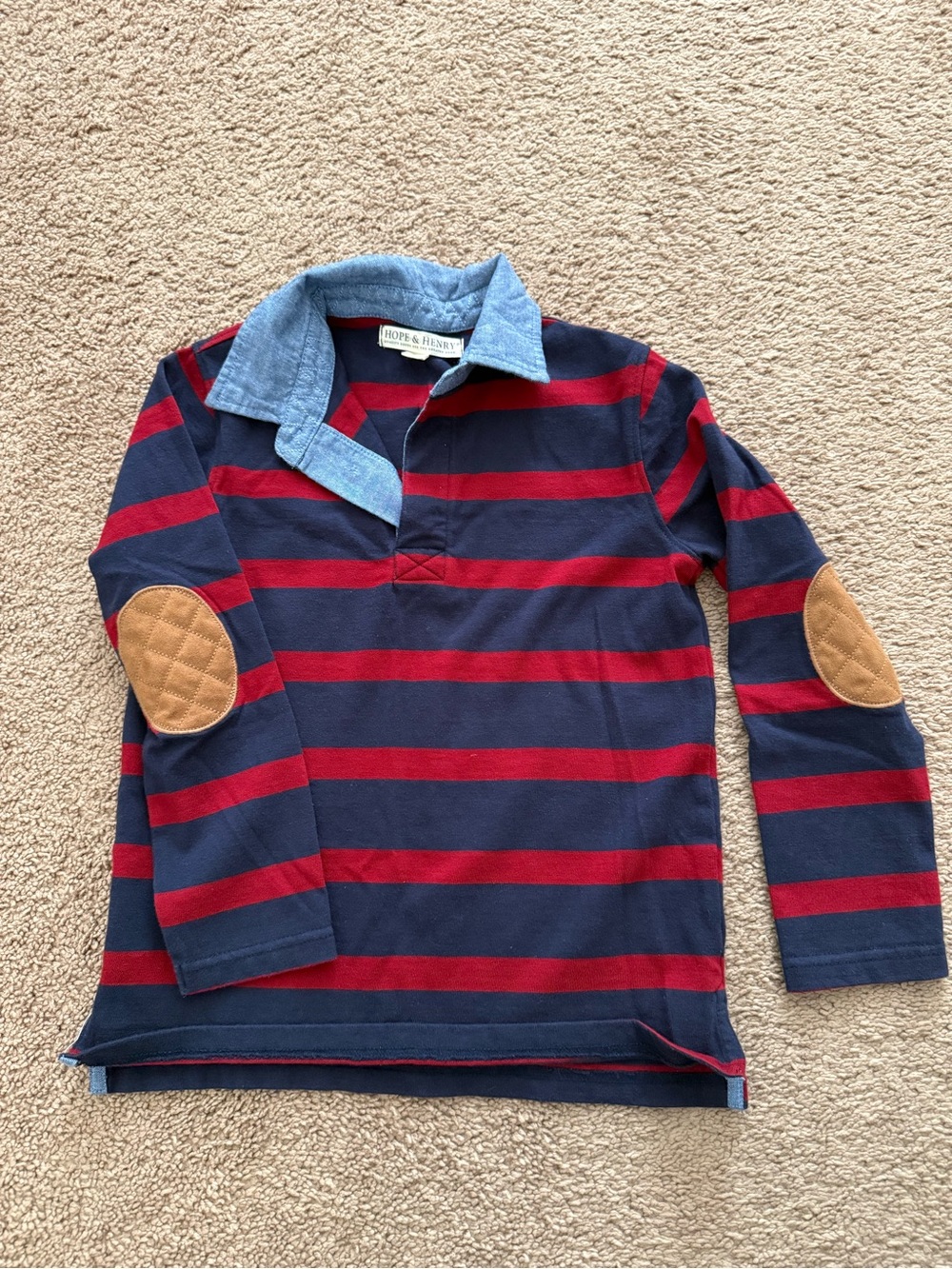 Boys' Navy & Red Striped Rugby Shirt with Elbow Patches